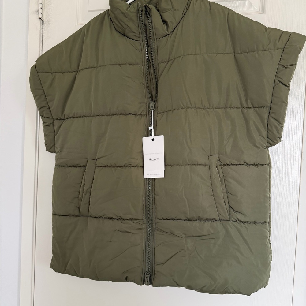 Oversized Olive Green Puffer Vest with pockets
